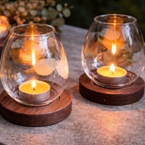 Egg Glass and Wood Candle Holder