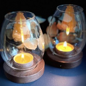Egg Glass and Wood Candle Holder